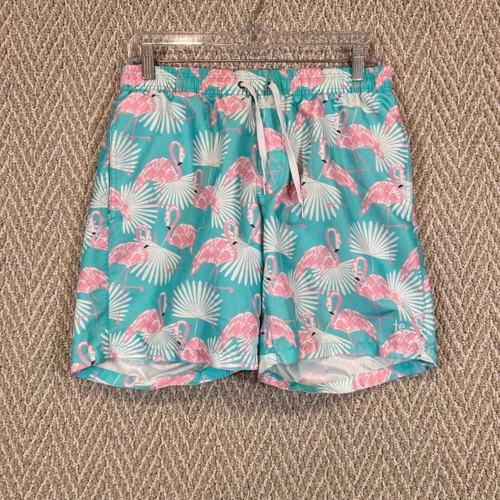 Tipsy Elves Swim Trunks Mens Medium Pink Flamingo Print Teal Tropical